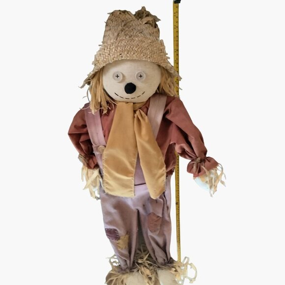 Scarecrow Figure Straw Hat Patchwork Outfit Shabby Distressed Rustic 33 in Tall - Picture 10 of 12